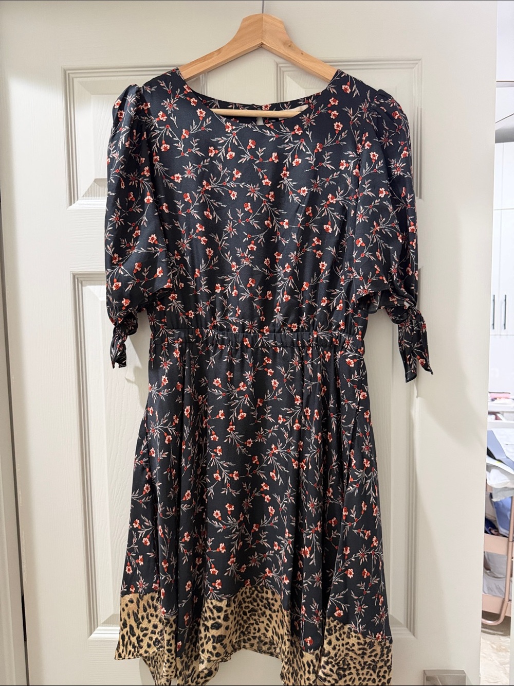 Topshop Black Floral Midi Dress with Leopard Hem